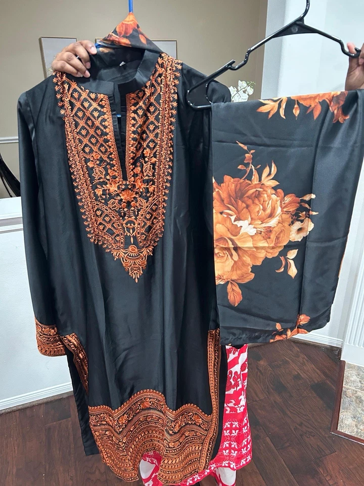 Beautiful Black Long Kurta with Orange Floral Embroidery – Festive/Party Wear - Image 2 of 4