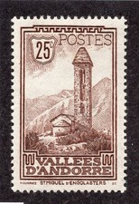 French Andorra 1932 25c brown St. Miguel, Scott 30 MH, value = $6.50