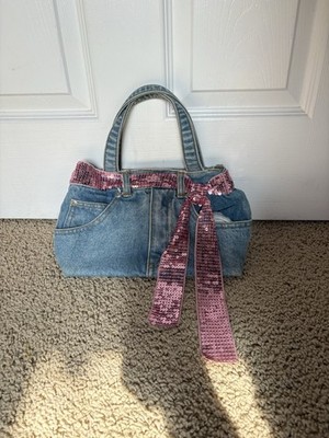 Handmade-Reworked Denim Mini Bag   Upcycled Jeans Purse with Pink Sequin Bow