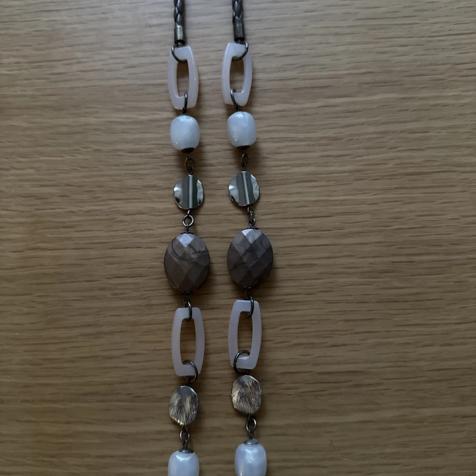 Next Long Chunky Statement Bronze/Cream/Gold Mixed Beaded Wooden Necklace - Image 2 of 4