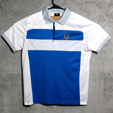 Bogner Polo Shirt Mens Medium Blue White Gray Performance Golf Crest Logo Preppy