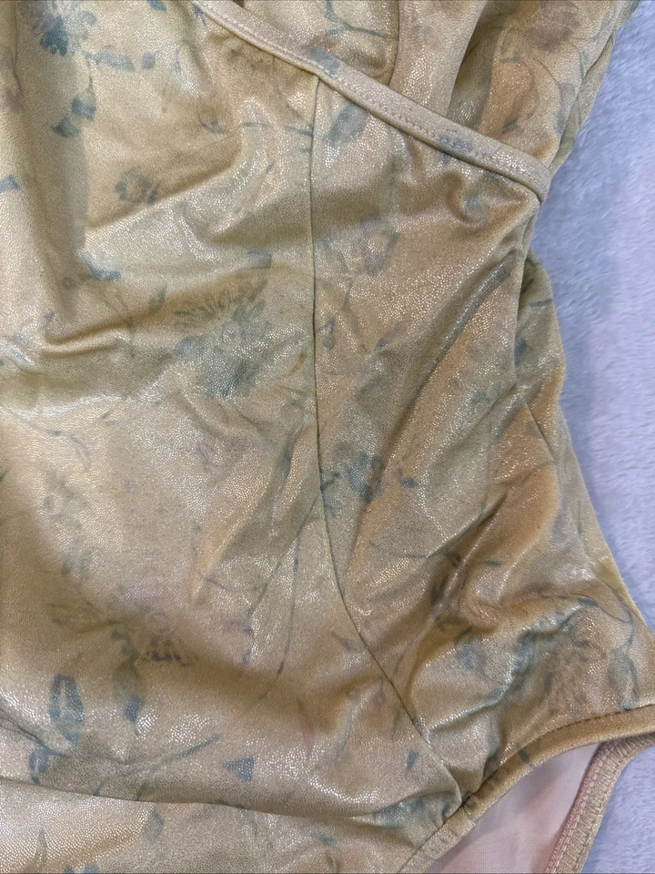 Traje de baño de una pieza para mujer Carol Wior talla 10 dorado floral cuello en V metálico Xclt Foto 3 de 4