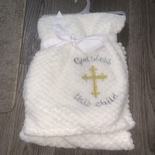 Cream Christening Baby Blanket God bless this child Soft Plush Lovey