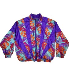 Vintage 80s Womens Track Jacket Medium Purple Colorful Windbreaker Floral Stripe