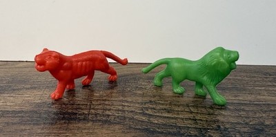 Vintage Plastic Molded 3.5'' Tiger & Lion Figure Lot Toy Zoo Animal Hollow