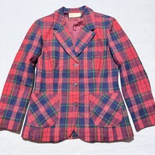 VTG Pendleton Virgin Wool Blazer Women's Red Navy Plaid USA Made 3-Button Jacket