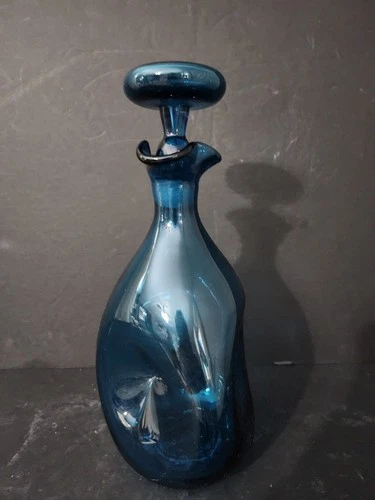 Vintage Blenko #49 Winslow Anderson Turquoise Pinched Glass Decanter w/Stopper