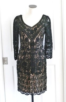 NWT Sue Wong Nocturne Y2K Embellished Black Lace Over Nude Cocktail Dress 8/10 S