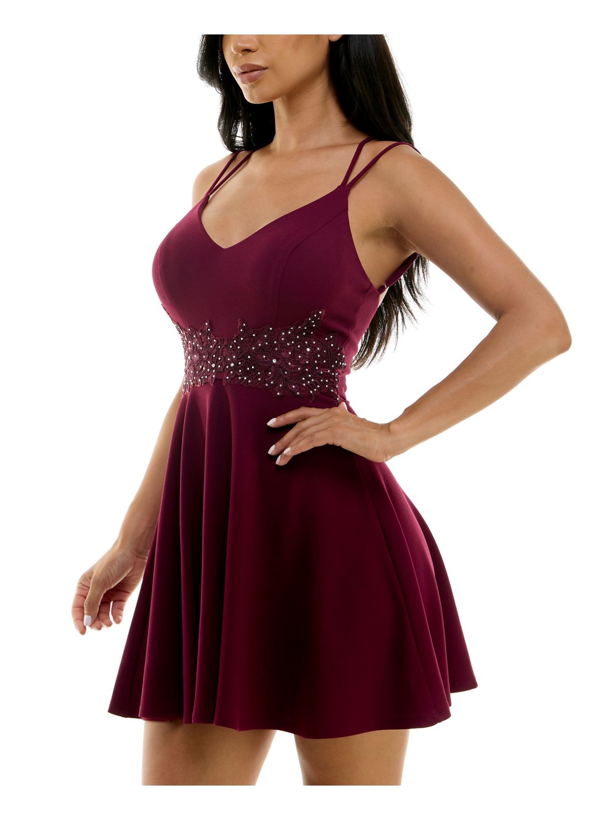 B DARLIN Womens Burgundy Applique Waist Sleeveless Short Dress Juniors 1\2