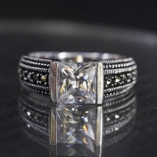 Size 6, vintage sterling silver 925 statement band ring cluster marcasite cz
