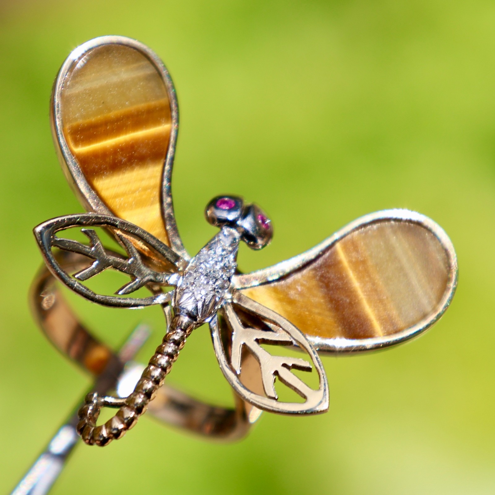 14K SOLID YELLOW GOLD DIAMOND RUBY TIGER EYE DRAG… - image 2