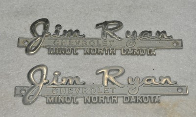 x2 JIM RYAN CHEVROLET Chevy Vintage Chrome Car Emblems Minot North