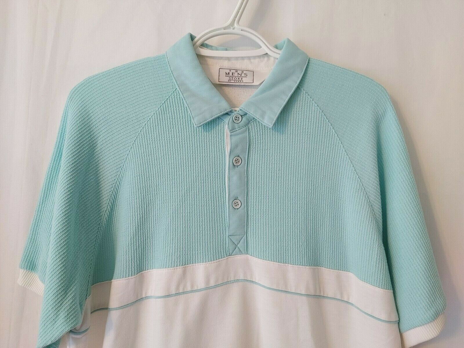 Vtg The Men's Store at Sears Banded  Polo Shirt Short Slv Mint & Wht LG #11965 image 2