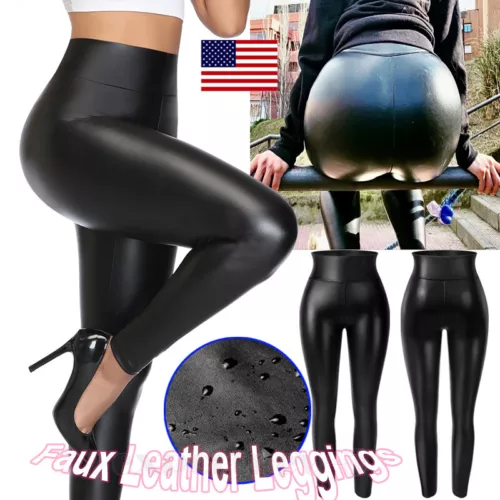 Black Faux PU Leather Skinny Pants High Waist Push Up Butt Lift Stretch Legging - Picture 1 of 15