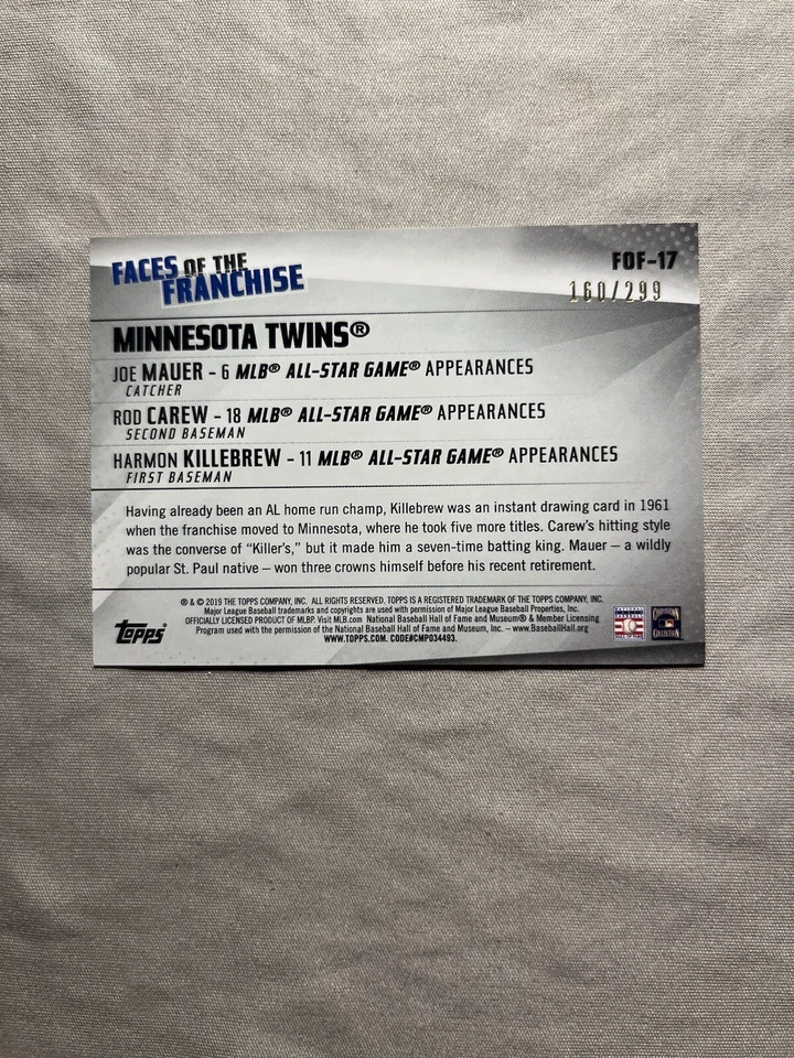 2019 Topps Faces Of The Franchise Mauer Carew Killebrew Black /299 Twins HOF - Image 2 of 2
