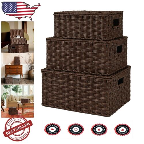 Versatile Woven Storage Baskets Set of 3 - Stylish with Lids for Home Organizer