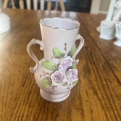 Vintage Arnart Japan Bisque Vase with Raised Roses and Dual Handles 4.5” Purple - Picture 6 of 6