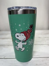 Peanuts Christmas Stainless Steel Tumbler w/Lid ~ Snoopy Woodstock Snowflakes