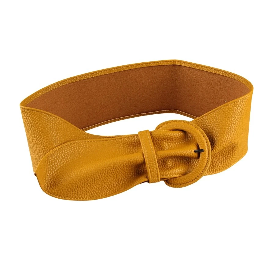 Women Round Pin Buckle Faux Leather Wide Belt Dress Corset Waistband One Size - Image 4 of 4