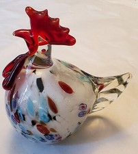 Murano Style Rooster Hand Blown Glass Figurine White w/Multicolor Specks, 7"  