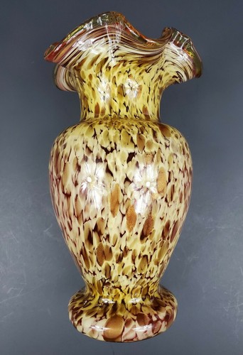 Murano Art Glass Adventurine 9.75" Vase Ruffled Crimped Rim Plum Yellow Gold EUC - Picture 8 of 12