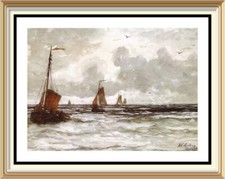 Old Vintage MESDAG Lithograph Seascape Wall Art Print FISHING BOATS AT BREAKERS