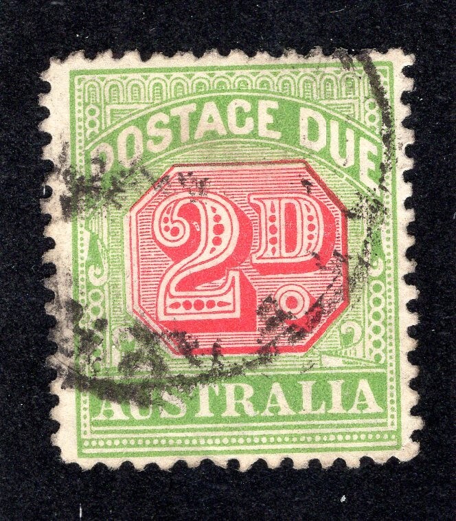 Australia 1909 2p green & carmine Postage Due, Scott J41 used, value = $6.00