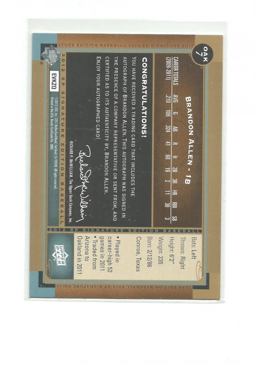 2012 SP SIGNATURE #OAK7 BRANDON ALLEN AUTO - Image 2 of 2