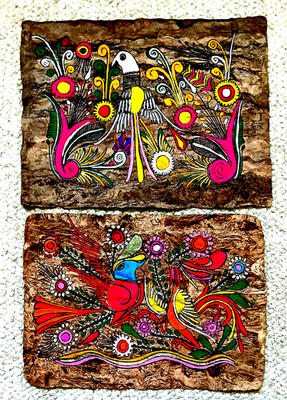 Lot of 2 Vtg Mexican Folk Art Amate Bark Paper Bird Paintings, approx 13.75 x 10
