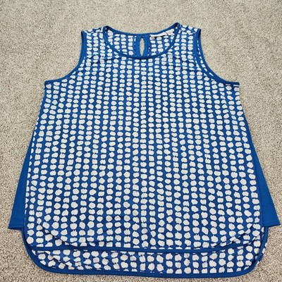 Susan Graver Liquid Knit XL Sleeveless Tank Top Blue White Polka Dot Blouse EUC