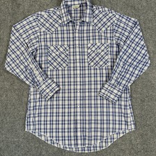 🤠Vintage Saddlebrook Western Shirt Mens Large Blue Plaid Pearl Snap USA Made