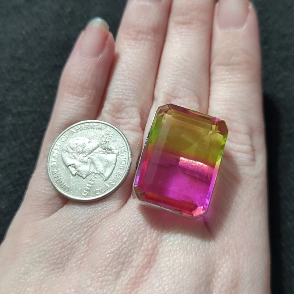 Anillo llamativo rectángulo de piedras preciosas ametrinas bicolor rosa amarillo plateado Foto 4 de 4