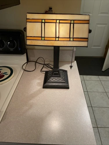 Vintage Bronze Banker Lamp Tiffany style Stained Slag Glass Mission Shade Retro