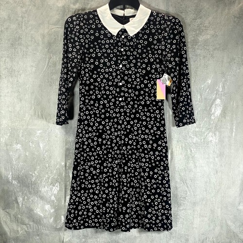 RILEY & RAE Women's Rich Black Ditsy-Print Collared 3/4 Puff Sleeve Dress SZ S - Picture 2 of 13
