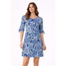 Lilly Pulitzer TUNIC DRESS BLUE WHITE TURTLE PRINT 3/4 SLEEVE BOW CUFFS SIZE XS