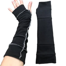 Black Elbow Length Gloves Gray Pink Arm Warmers Thumb Hole Fairy Goth Reversible