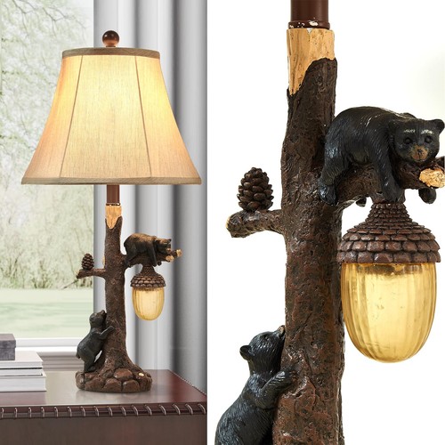 Rustic Western Bear Table Lamp with Nightlight Set of 2 26“ Rustic Bedside La... - Picture 2 of 8