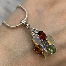 Multi Gem Daisy Flower Cluster Necklace 925 Sterling Silver - 16" Inches