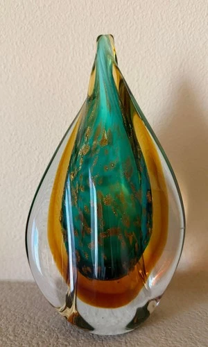 Vintage Studio Art Glass Vase Sommerso Aventurine Gold Fleck Murano Style Heavy