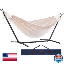 Vivere Double Cotton Hammock with Space Saving Steel Stand Upgraded Polyester En