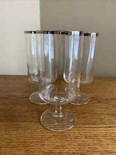 SET OF 3 MCM Platinum Rim Water Goblets Ice Tea Glasses; Square Bowl; 16 oz