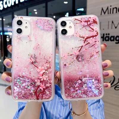 For Various Phone Fashion Gift Peach Blossom Liquid Bling Quicksand Case Cover