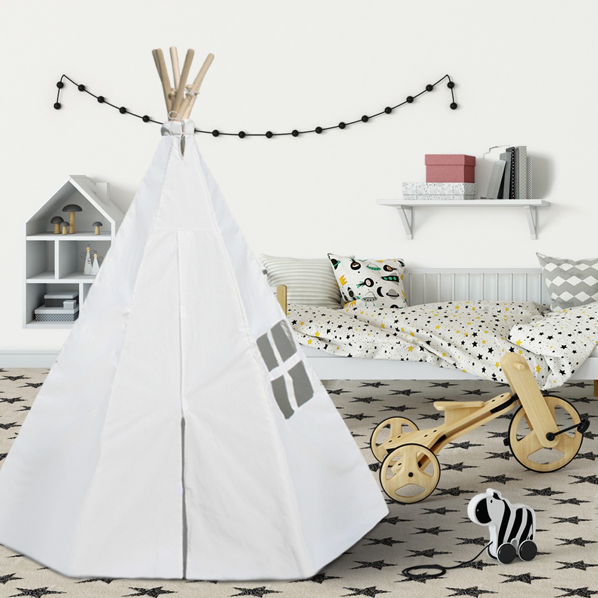 Teepee Play Tent with Floor Mat, Window, Pocket, Storage Bag