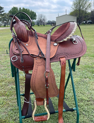 Western Adult Barrel Horse Saddle Basket Weave tooled with Tack set 15'' to 18''