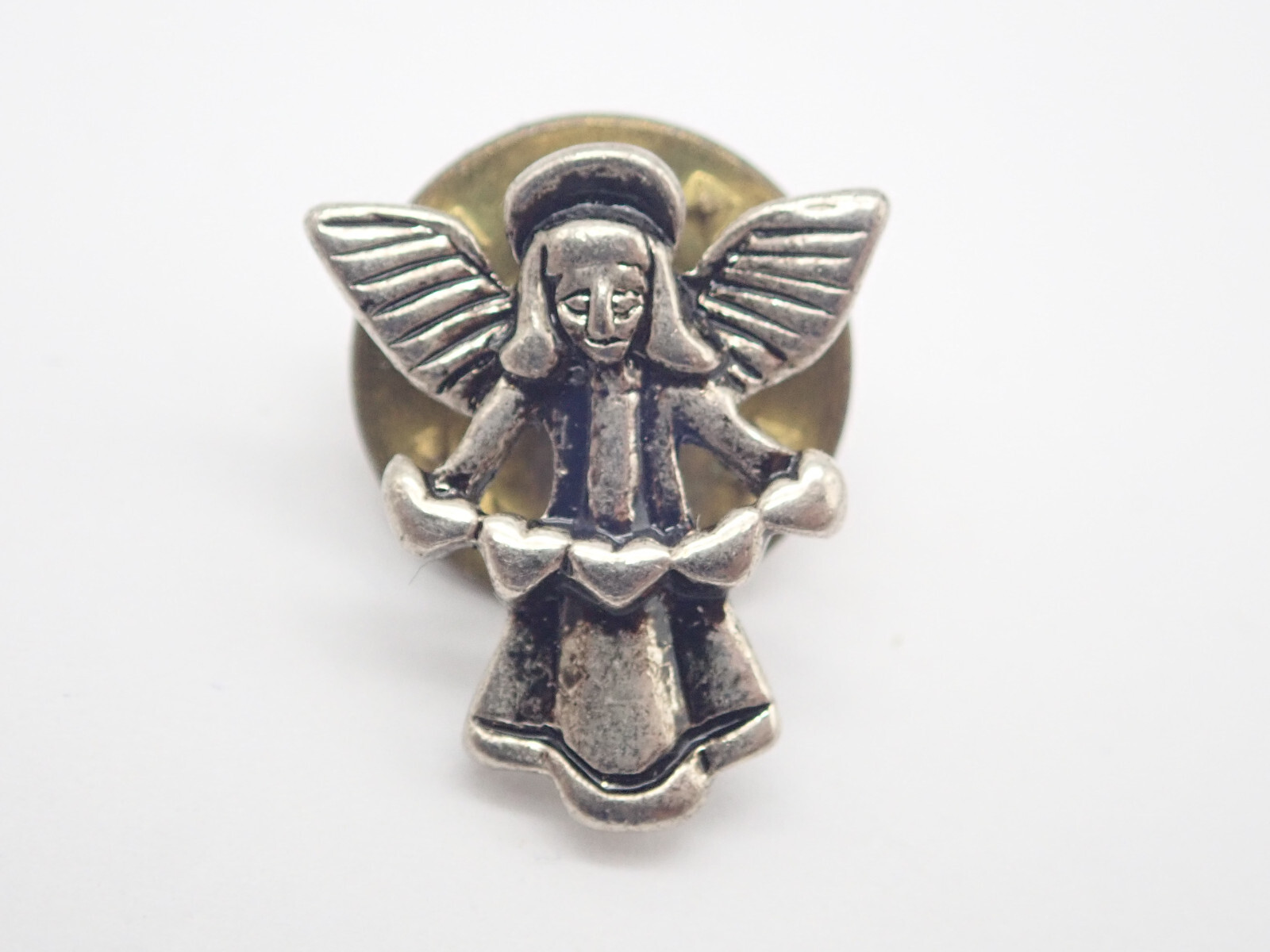 Angel with Hearts Silver Tone Vintage Lapel Pin