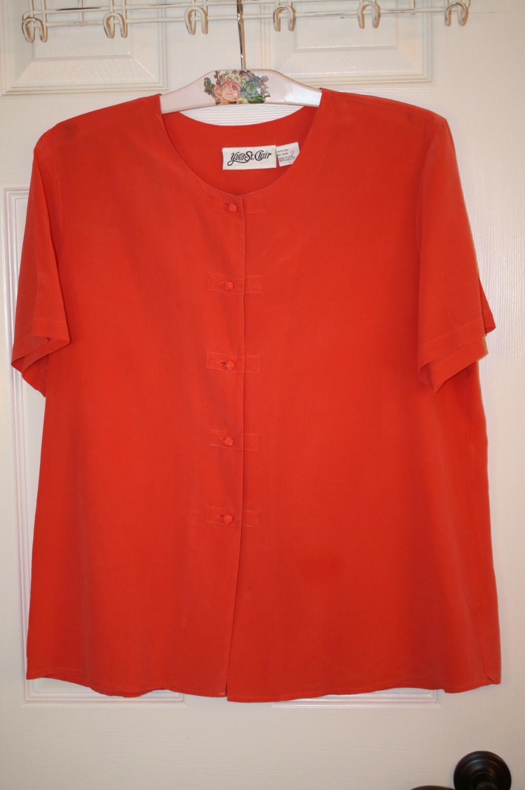 SAINT LAURENT Camicia blusa seta Yves St Clair top bottoni coperti papaya 16 usata in ottime condizioni R347