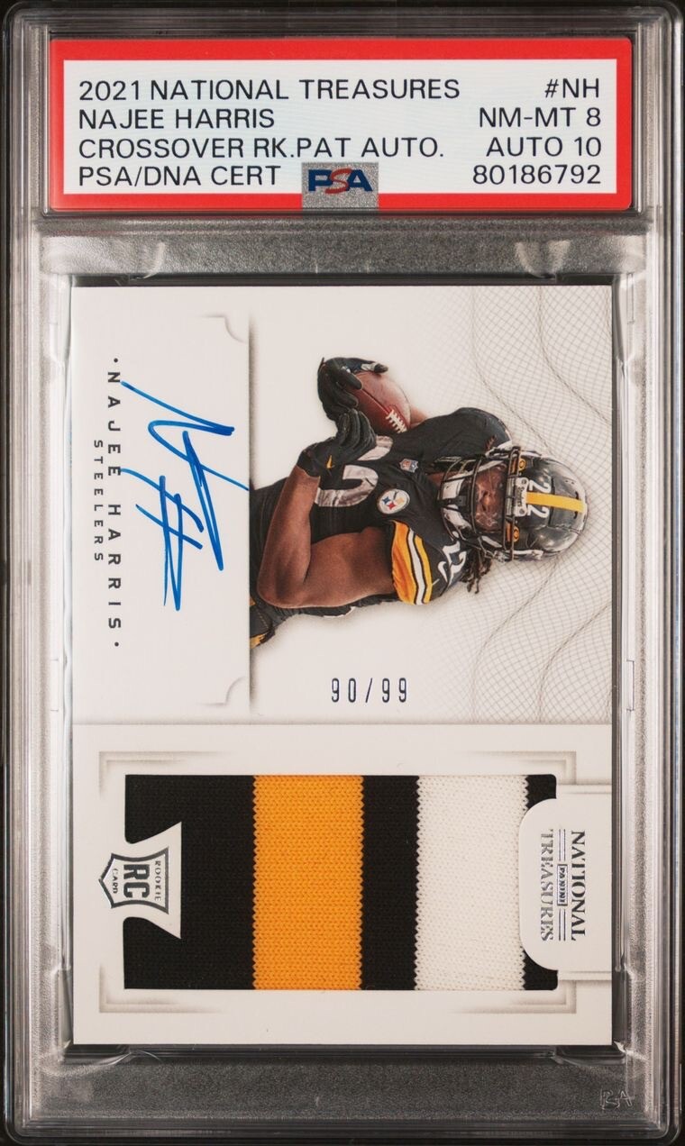 2021 National Treasures Najee Harris RPA Crossover RC Rookie Auto /99 PSA 8