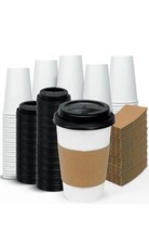 50 Pack 12 Oz Coffee Cups with Lids and Kraft Sleeves, Premium Disposable Paper