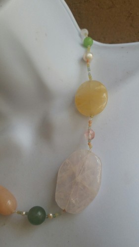 VINTAGE STERLING SILVER NECKLACE JADE CRYSTAL AMBER QUARTZ PEARL HANDMADE - Picture 5 of 8