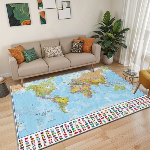 World Map Area Rug, Educational Carpet for Schools and Nurseries, Map
